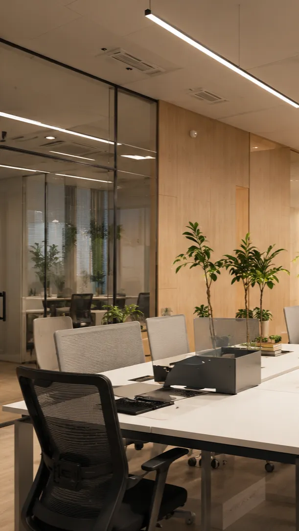 Workplace interior with glazed partitions and open desking